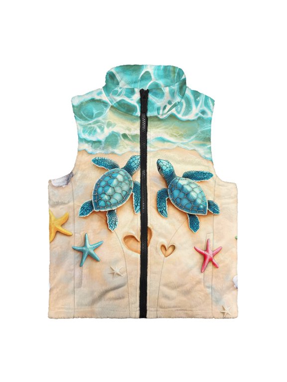 Polyester Lightweight Kid Outerwear Vest for Daily Life Spring, Comfortable Kids Zip Up Vest, Turtle Heart Pattern