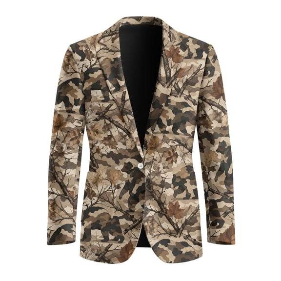 Psesaysky Polyester Mens Blazer Suit Jacket for Casual Business, Regular Fit Midweight Men's Suit Jackets, Camouflage Bear Leaf Pattern