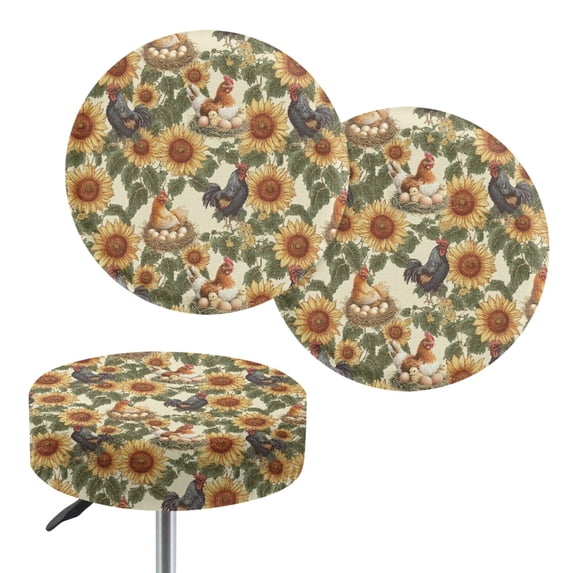 Psesaysky Polyester Round Stool Cushion Covers with Sunflower Rooster, 2 Pack Waterproof Covers for Bistro and Kitchen Use