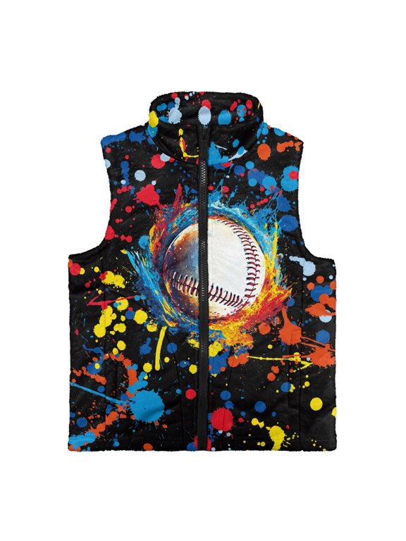 Polyester Sleeveless Fleece Jacket with Stand Collar, Baseball Paint Splatter Design Wind Proof Kids Zip Up Vest for Daily Life Winter