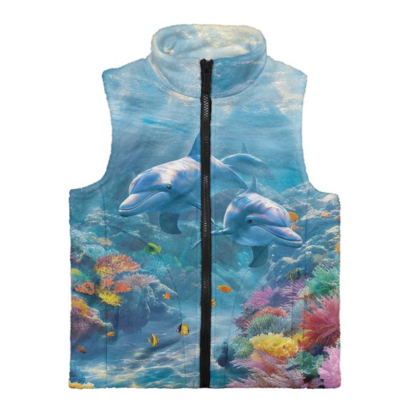 Psesaysky Polyester Sleeveless Fleece Jacket with Stand Collar, Dolphin Design Lightweight Sleeveless Polar Fleece Jacket for Winter Outerwear