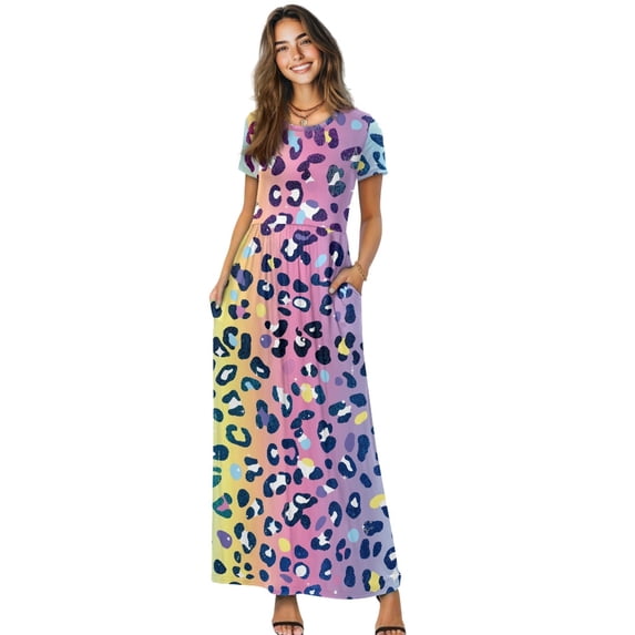 Psesaysky Polyester and Spandex Short Sleeve Maxi Dress for Holiday Summer Outdoor, Breathable Round Neck Casual Maxi Dress, Colorful Leopard Print Pattern
