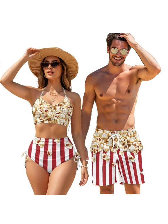Popcorn Couple Matching Swimsuits Sexy Couple Swimwears Womens Bikini Sets Adjustable Straps Two Piece Swimsuit Summer Board Shorts for Men Hawaiian Outfits for Beach Sport