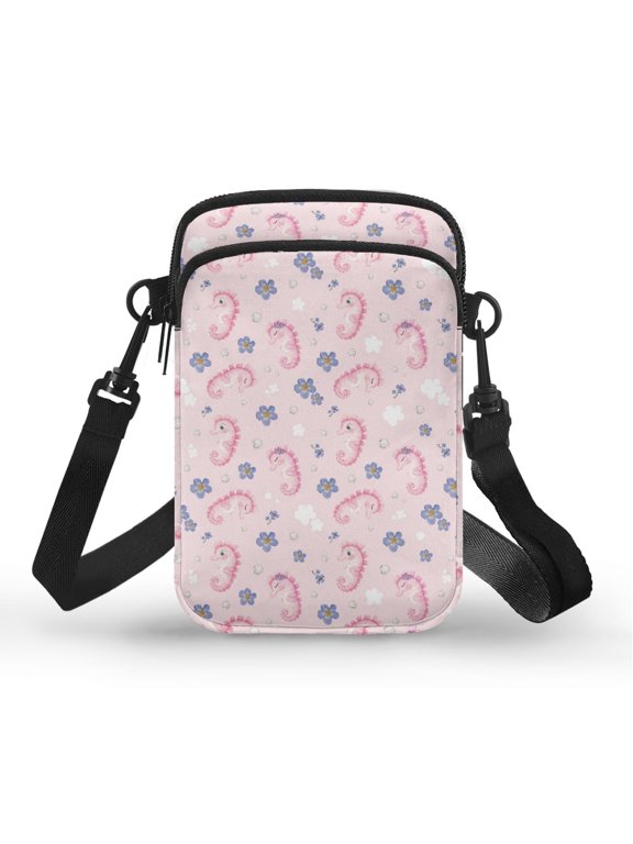 Portable Cell Phone Purse for Sport Daily Use, Polyester Adjustable Strap Crossbody Bag, Pink Seahorse Floral