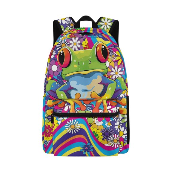 Psesaysky Psychedelic Frog Floral Backpack Soccer Ball Elementary School Bookbag for Teen Kids Boys and Girls Age 6-15 Year Old 17 Inch Shoulder Bagpack with Zipper
