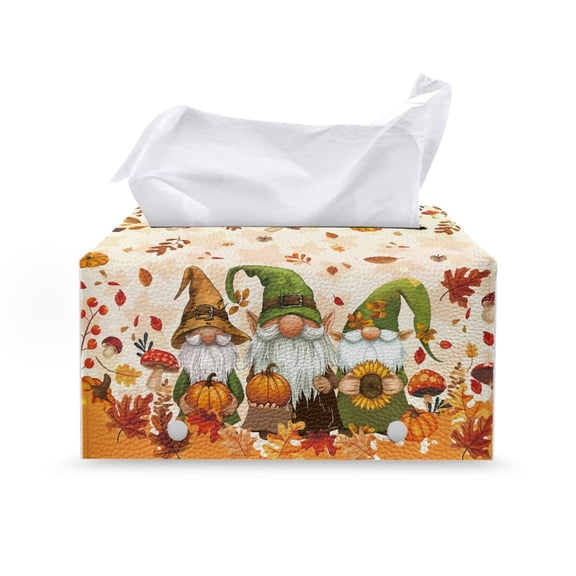 Psesaysky Pu Leather Tissue Box Cover, Autumn Gnome Pumpkin Rectangular Tissue Box Holder with Buttons, Reusable Cover for Home and Office Decor