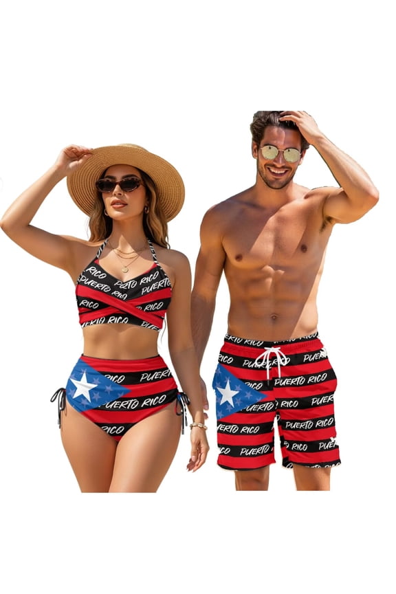 Puerto Rico Matching Swimsuits for Couples Patriotic Womens Bikini Sets Tummy Control Two Piece Bathing Suit Men's Swim Trunks with Pocket Couples Swimwears for Honeymoon