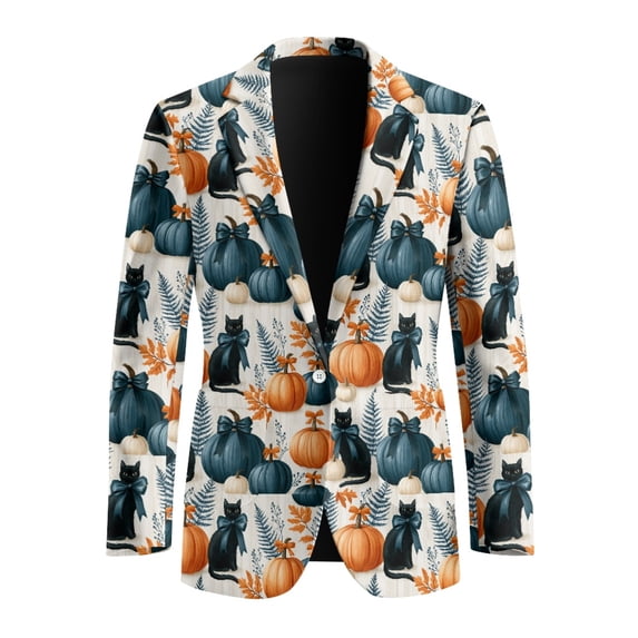 Psesaysky Pumpkin Black Cat One Button Formal Coat, Slim Fit Polyester Men's Suit for Summer Business Casual Wear