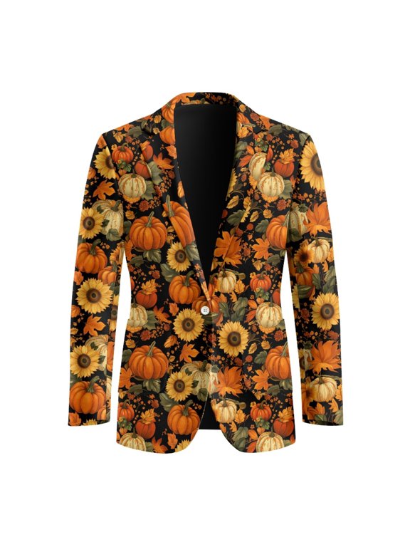 Pumpkin Sunflower Pattern Men's Blazer, Solid Men's Business Suit Jacket With Pockets Polyester Classic Fit Suit Jacket for Casual