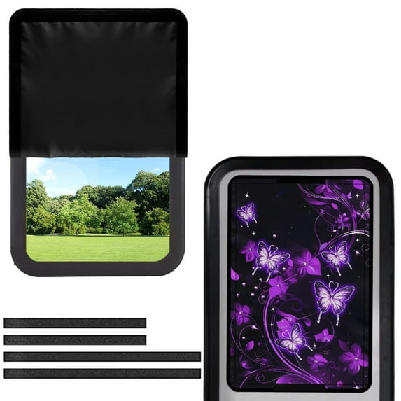 Psesaysky Purple Butterfly Floral RV Door Window Shade with Hook and Loop Fastener Foldable RV Window Cover Privacy Protection for Camper Trailer Decorative Accessories