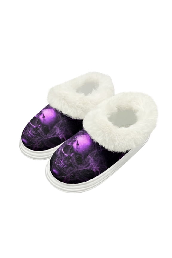 Purple Gothic Skull Print Warm House Slippers for Women Comfy Fleece Lined Fuzzy Slippers with Thick Sole for Indoor Outdoor, Size 9-10