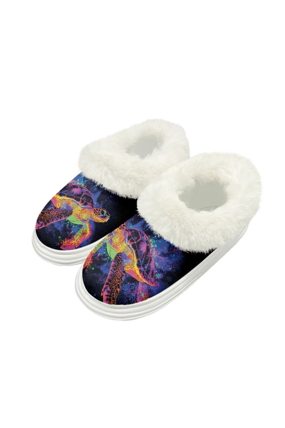 Purple Graffiti Sea Turtle Print Cozy Slippers for Women with Anti-Skid Thick Sole Memory Foam Fuzzy House Shoes, Size 8-9