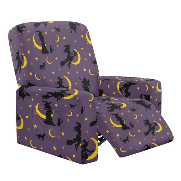 Psesaysky Purple Halloween Witch Moon Pattern Reclining Chair Slipcover 4 PCS Set Fits Most Small Recliners Non Slip Storage Pockets Sofa Protector Washable Stretchy Easy Install