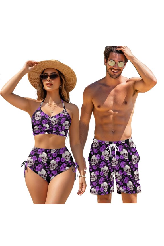 Purple Rose Skull Halter Bikini Sets for Women Trendy Removable Pad Swimsuit with Drawstring,Mens Beach Shorts,Couples Matching Swimsuits for Date/Wedding-M