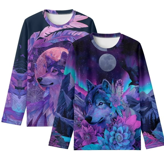 Psesaysky Purple Tribal Wolf Boys Long Sleeve Shirts 2 Pack Soft Loose Tees for Kids 13-14 Years Round Neck Pullover Tops Winter Layering