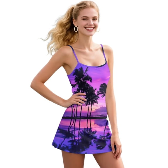 Psesaysky Purple Tropical Palm Tree Print Womens Tennis Dress, Athletic Dress with Built-in Shorts Pockets Summer Dresses for Women Golf Outfits for Workout, Size M