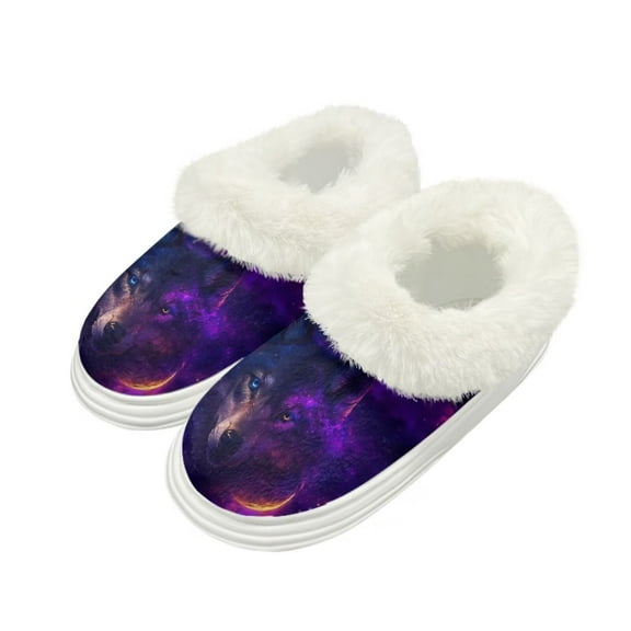 Psesaysky Purple Wolf Print Fuzzy Slippers for Women Indoor Non-slip Thick Sole Winter House Slippers Home Shoes Gift for Women, Size 9-10