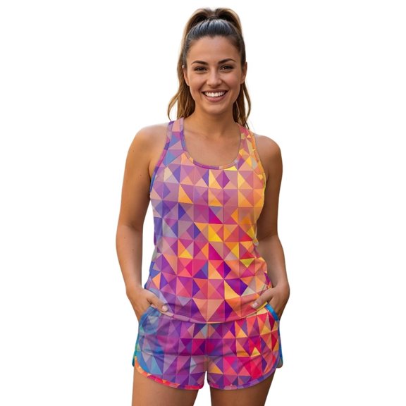 Psesaysky Rainbow Color Geometry 2026 Women Two Piece Tankini Swimsuit Tummy Control Plus Size Long Torso Top and High Waisted Boyshorts Bathing Suits