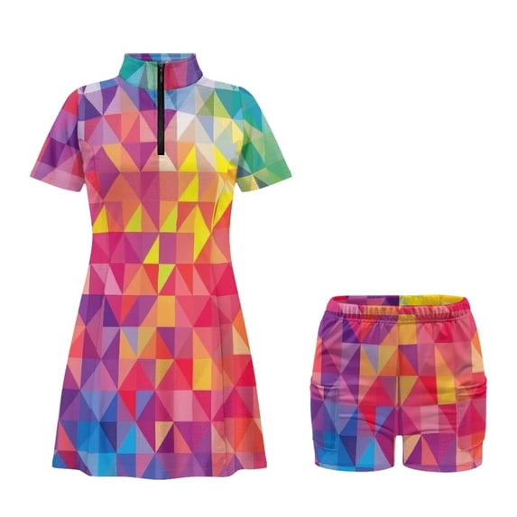 Psesaysky Rainbow Print Women's Tennis Dress with Collar Quick Dry Short Sleeve Golf Tennis Dress with Built in Shorts 2 Piece Zip up Workout Athletic Sundress Plus Size for Women