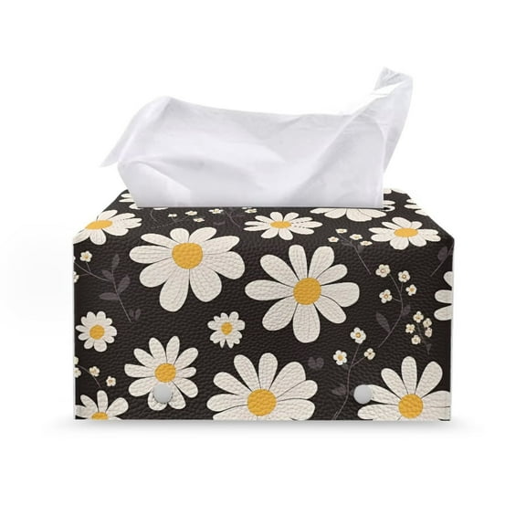 Psesaysky Rectangle Tissue Box Cover - Waterproof PU Leather Tissues Cube Boxes Holder Aesthetic Desk Decor for Room, Home & Office - Daisy Flower