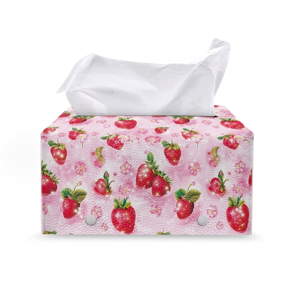 Psesaysky Rectangle Tissue Box Holder, Red Strawberry Floral Pattern Anti-Stains Scratch Proof Tissue Box Cover for Kitchen, PU Leather Rectangle Tissue Box Cover