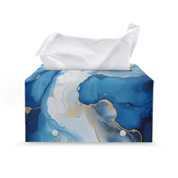 Psesaysky Rectangular Tissue Box Cover, Pu Leather Rectangle Tissue Box Holder with Bottom Buckle Modern Stylish Facial Organizer for Home, Car, Hotel, Office 9.7"X5.2"X5.1" (Blue Marbling)