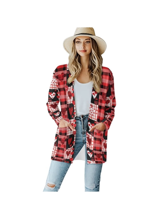Red Love Buffalo Plaid Cardigans Sweaters V-Neck Long Sleeve Open Front Sweaters Flowy Tops Fall Dusters Decent Elegant Coat for Women with Pockets