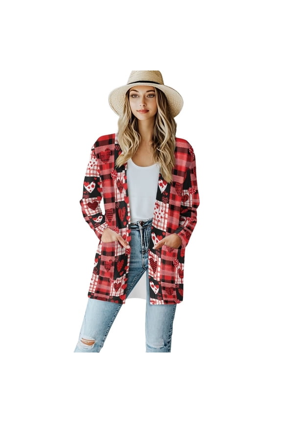 Red Love Buffalo Plaid Cardigans Sweaters V-Neck Long Sleeve Open Front Sweaters Flowy Tops Fall Dusters Decent Elegant Coat for Women with Pockets