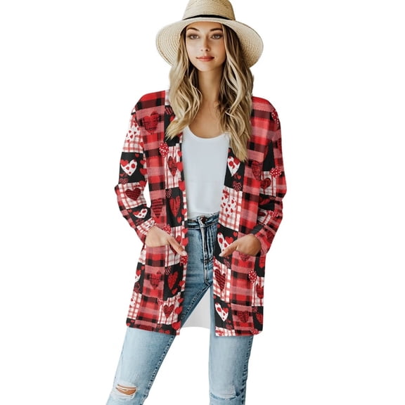Psesaysky Red Love Buffalo Plaid Cardigans Sweaters V-Neck Long Sleeve Open Front Sweaters Flowy Tops Fall Dusters Decent Elegant Coat for Women with Pockets