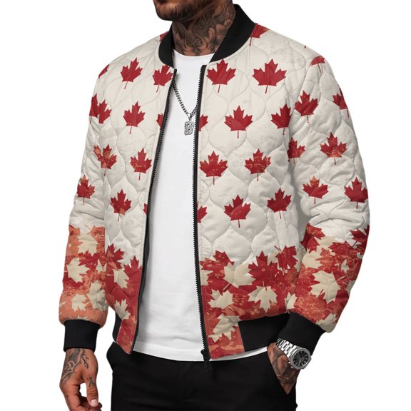 Psesaysky Red Maple Leaf Flight Jackets for Men Zip Up Jacket Long Sleeve Wind Breaker with Pockets Men's Bomber Jackets Zip Up Jacket Long Sleeve Windbreaker Jacket with Pockets Ribbed Cuffs Outwear