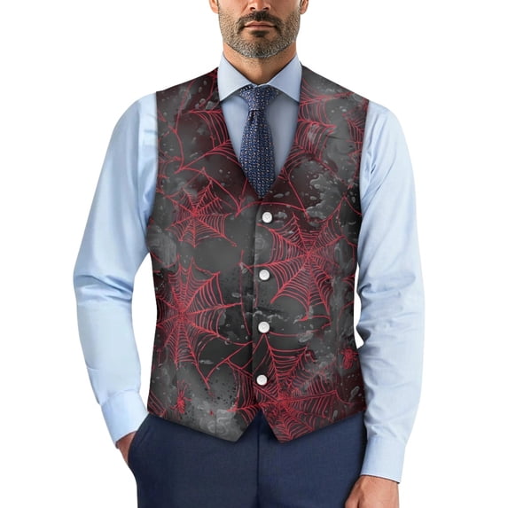 Psesaysky Red Spider Web Decoration Business Coat Woven Fabric Classic Slim Fit Men's Formal Suit Vest for Prom Party