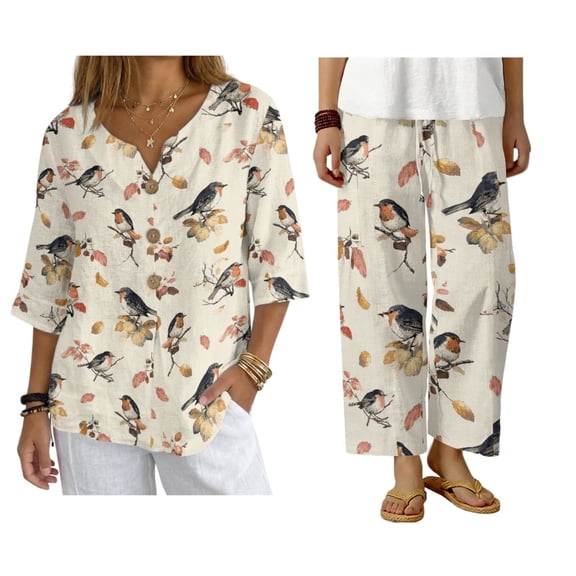 Psesaysky Retro Birds Print Linen Top and Pant Suits Women's 2 Piece Linen Outfits 2026 Summer Short Sleeve Button Down Shirt Wide Leg Pants Loose Travel Airport Outfits