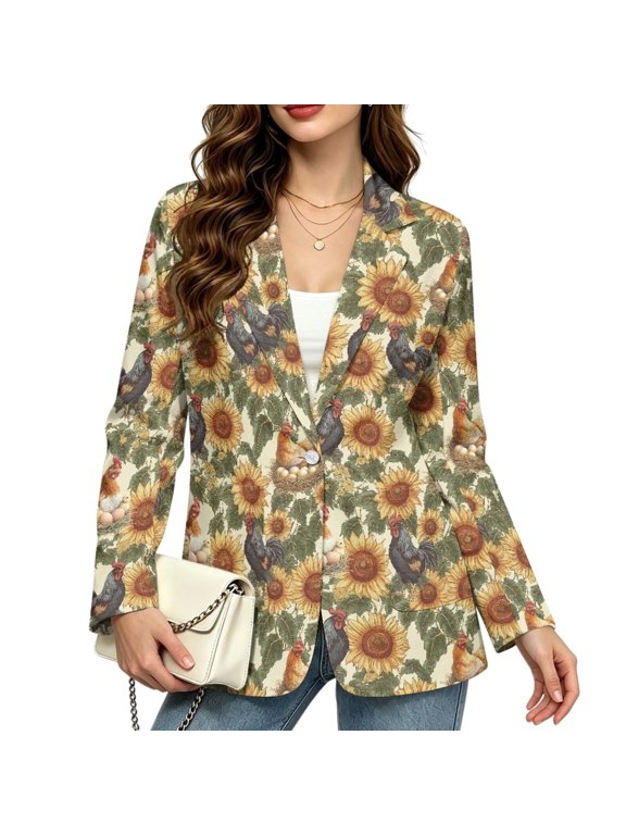 Retro Chicken Sunflower Office Suit Jackets for Women Business Casual, Open Front Long Sleeve Oversized Blazer with Pockets, Single Button Plus Size Dressy Work Coat, Fall Winter Wear