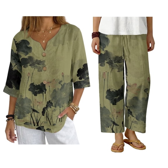 Psesaysky Retro Lotus Paint Linen Shirts for Women with Matching Wide Leg Pants Two Piece Lounge Sets Summer 2 Piece Outfits for Travel Beach Vacation