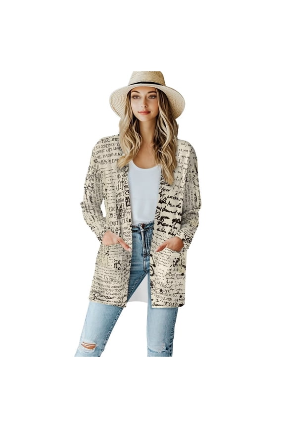 Retro Newspaper Sweaters Women's Casual Lightweight Open Front Cardigans with Pockets Basic Soft Long Sleeve Cardigan Dusters Drape Tops Loose Jacket