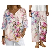 Psesaysky Retro Rose Linen Shirts and Pants 2Piece Trendy Outfit for Women 70s 80s Summer 3/4 Sleeve Button Down Shirts Matched Wide Leg Pants Vacation Loungewear