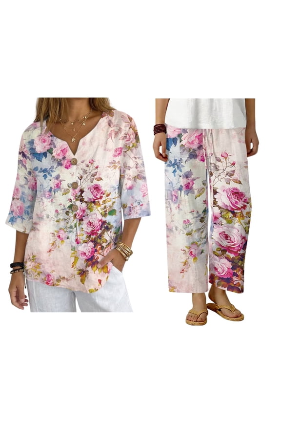 Retro Rose Linen Shirts and Pants 2Piece Trendy Outfit for Women 70s 80s Summer 3/4 Sleeve Button Down Shirts Matched Wide Leg Pants Vacation Loungewear