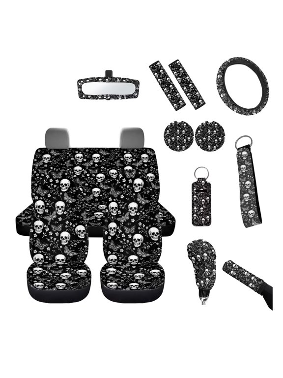 Retro Skull Vehicle Seat Cover Set of 14 Butterfly Print Car Interior Accessories Car Mirror Cover Cup Coaster Seat Belt Pads Steering Wheel Cover Keychains Universal Fit