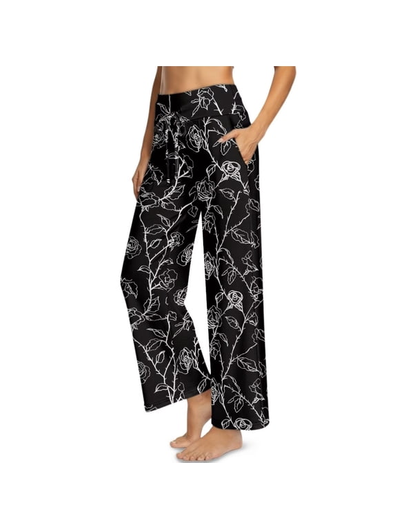 Rose Print Women Wide Leg Pants High Waisted Elastic Waistband Business Casual Work Trousers Dressy Pants with Pockets, Size 2XL