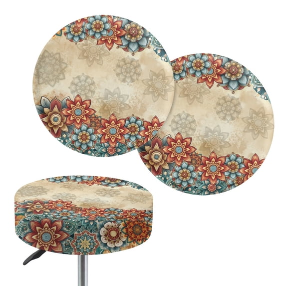 Psesaysky Round Bar Stool Seat Covers with Vintage Floral Mandala, Set of 2 Polyester Soft Elastic Covers with Stain Resistant for Bar Club Home