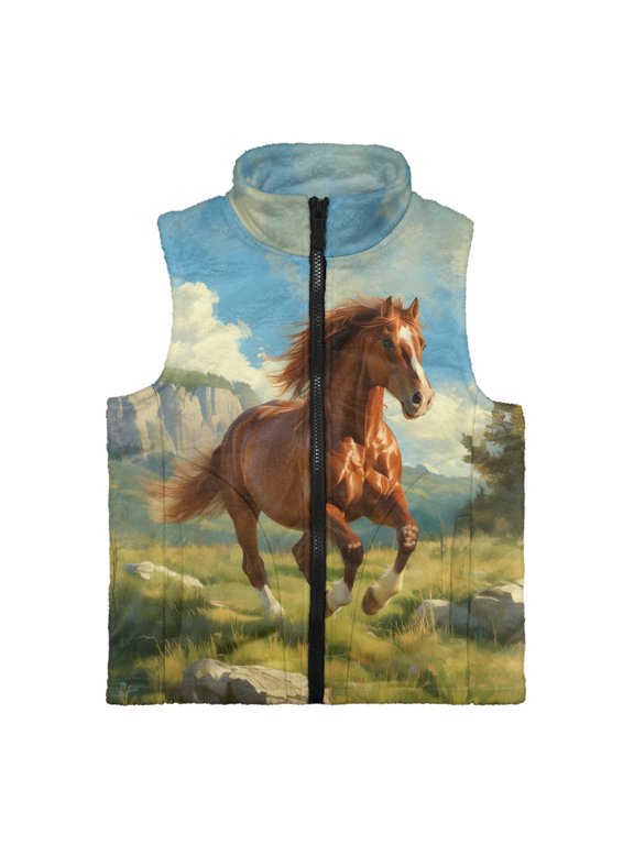 Running Horse Kids Sleeveless Vests with Pockets, Warm Polyester Lightweight Zip up Vest for Winter Fall Everyday Wear