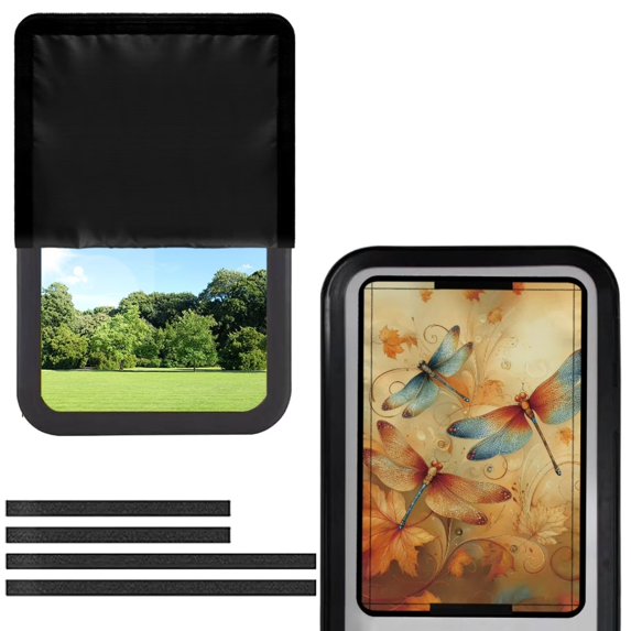 Psesaysky Rv Door Window Shade, Half-Fold Design Camper Sun Shade Windshield Blackout Cover, Orange Dragonfly Floral RV Accessories Fits for Interior Door Window 17.3 x 26 inch