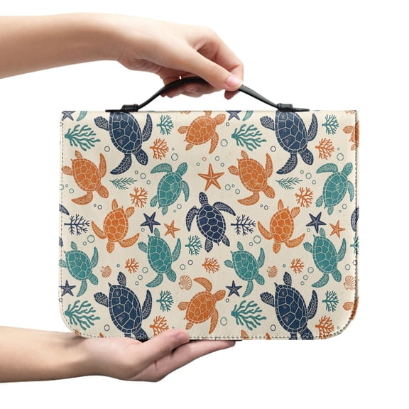 Psesaysky Sea Turtle Pattern Multi-Pocket Bible Organizer Bag,Large Leather Tote Bag with Padding Handle to Hold Bibles,Study Supplies for Women Church Essentials