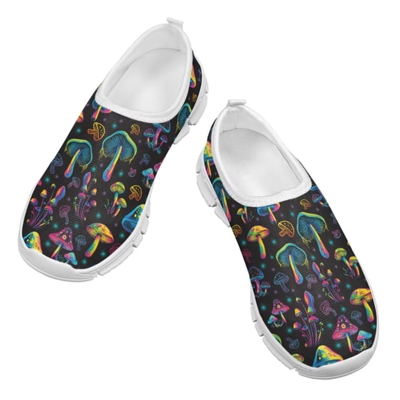 Psesaysky Shining Mushroom Printed Sneakers for Child Girls Soft Light Breathable Slip-on Loafers Size 11-15
