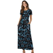 Psesaysky Side Pocket Long Dress, Blue Leopard Print Round Neck Loose Fit Short Sleeve Maxi Dress for Daily Beach Summer