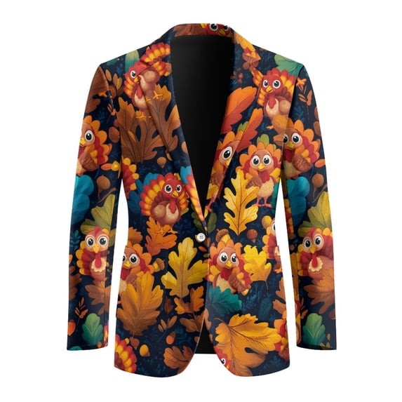 Psesaysky Single Breasted Slim Fit Casual Blazer for Men Suit Jacket Sport Coat, Turkey and Maple Leaf Pattern Polyester Lightweight Business Suit Blazer Jacket Top for Office Summer