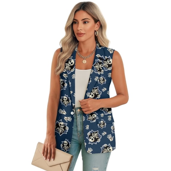 Psesaysky Skeleton Print Women Sleeveless Waistcoat Blazers Trendy Lightweight Lapel Collar Vest Coat with 2 Pockets, Size 2XL