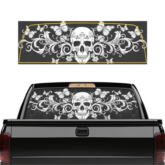 Psesaysky Skull Butterfly Truck Rear Window Decals 66.9" x 22.4", One-Way See-Through Perforated Vinyl, Waterproof Perforated Automotive Decal with Strong Adhesive for Most Pickup Trucks