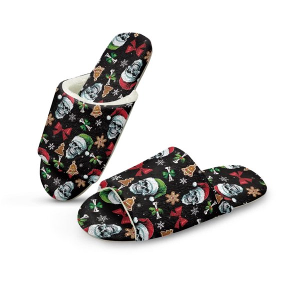 Psesaysky Skull Christmas Print Slippers for Women Memory Foam House Bedroom Soft Open Toe Slides Sandals Shoes Trendy Gift for Womens Anti-Skid Sole, Size 10.5-11.5