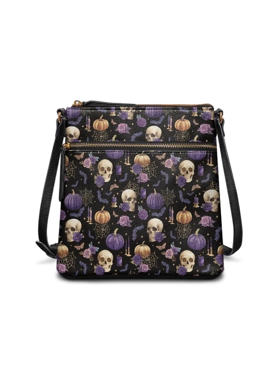 Skull Pumpkin Rose Bat Crossbody Purse Hobo Bag Women's Casual Travel Crossbody Shoulder Handbags Bucket Bag for Women Teen Girls Cell Phone Bag
